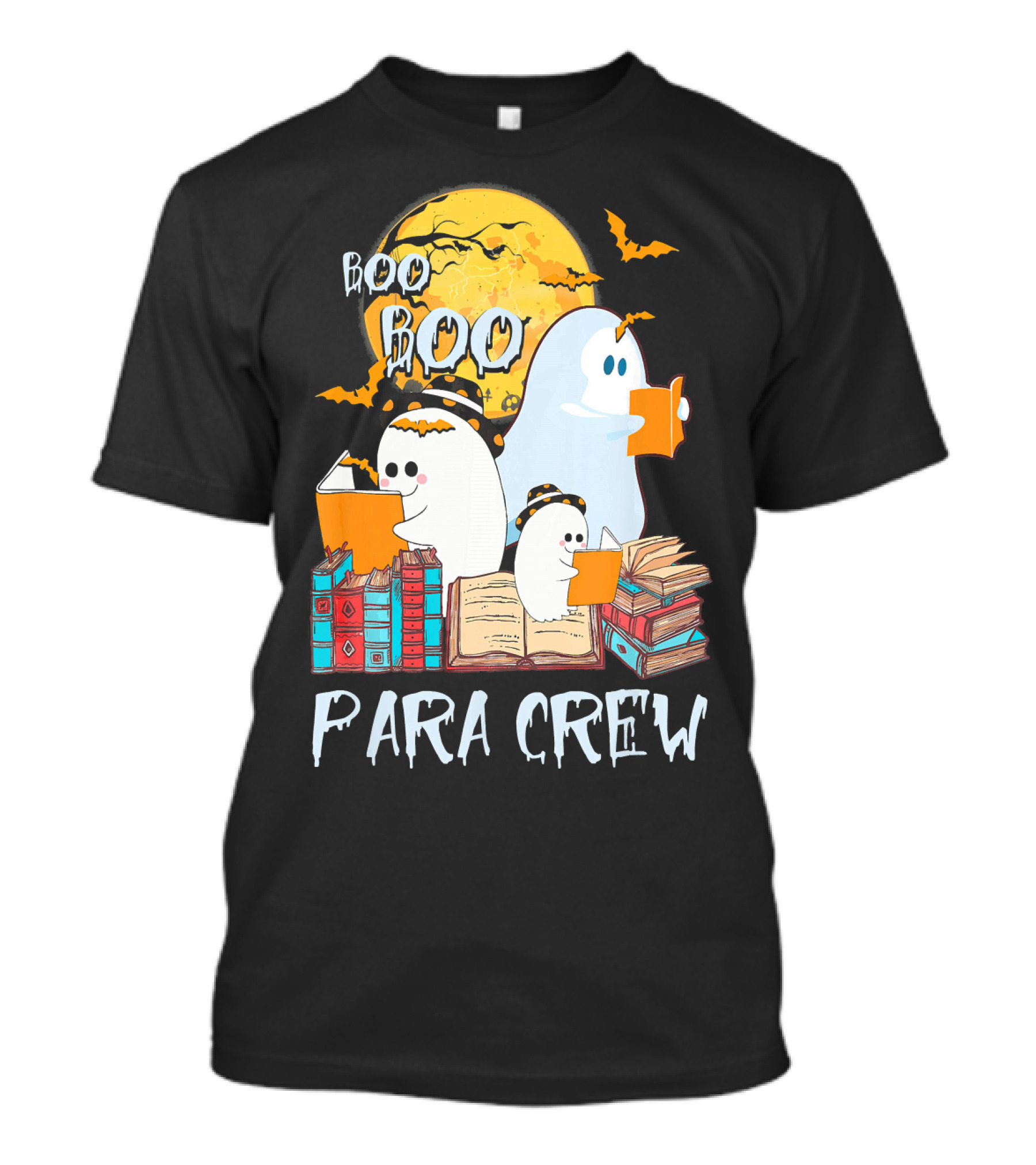 Boo Boo Para Crew Paraprofessional Ghost Reading By Moonlight With Books And Bats T-Shirt