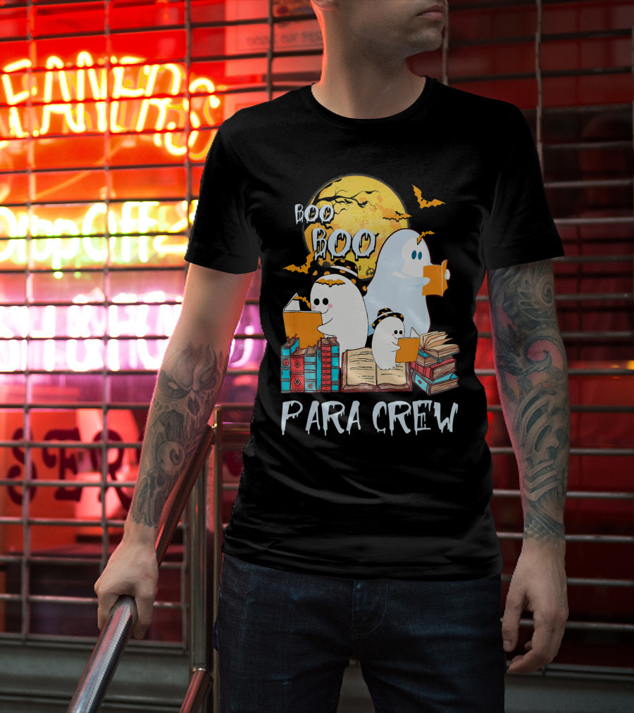 Boo Boo Para Crew Paraprofessional Ghost Reading By Moonlight With Books And Bats T-Shirt