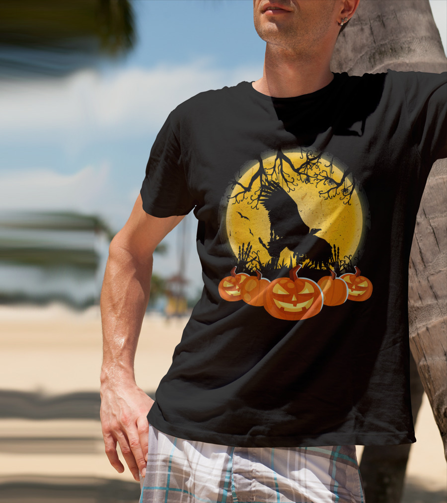 Vulture Silhouette With Pumpkins And Full Moon Halloween Scene T-Shirt