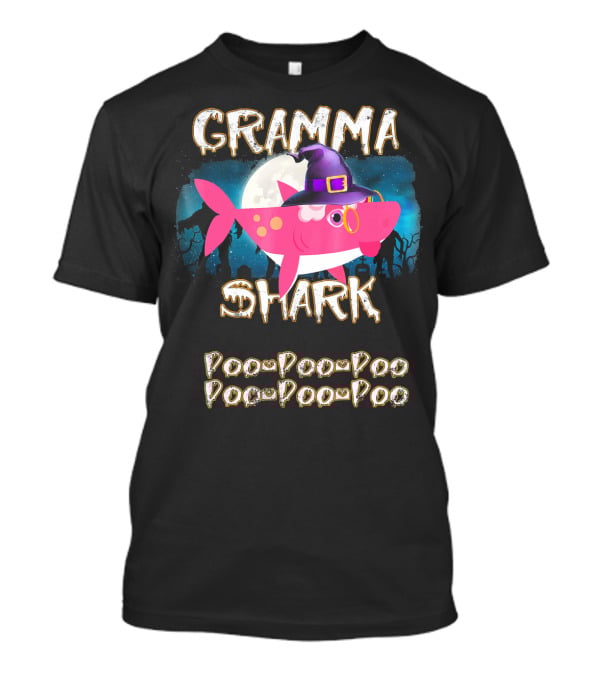 Gramma Shark Doo Doo Doo Halloween Witch Hat And Moon Background T-Shirt