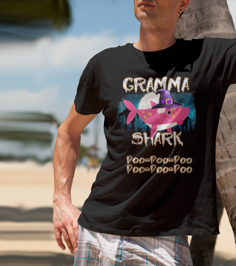 Gramma Shark Doo Doo Doo Halloween Witch Hat And Moon Background T-Shirt