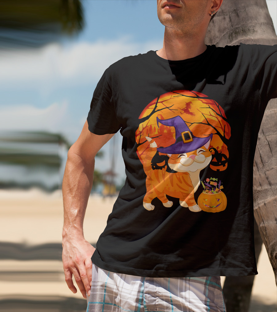 Halloween Costume Cat Witch Hat Happy Pumpkin Moon Scene T-Shirt