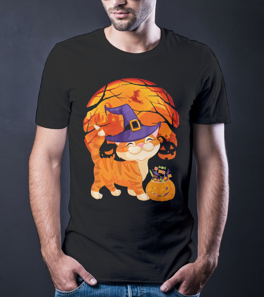 Halloween Costume Cat Witch Hat Happy Pumpkin Moon Scene T-Shirt