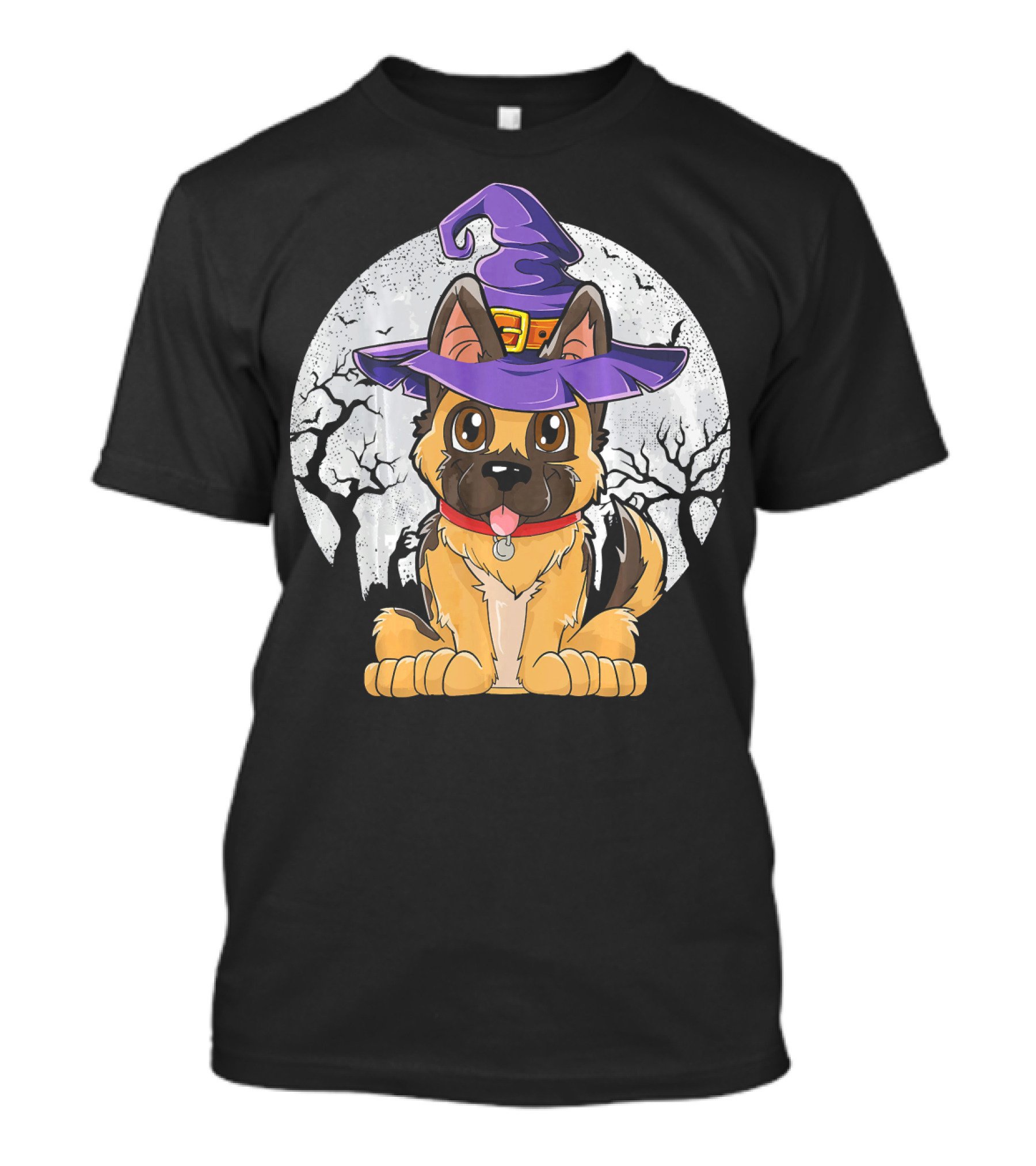 German Shepherd Witch Halloween Moon Background T-Shirt