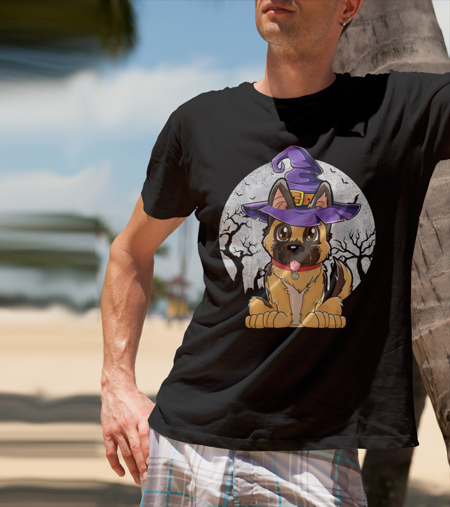 German Shepherd Witch Halloween Moon Background T-Shirt