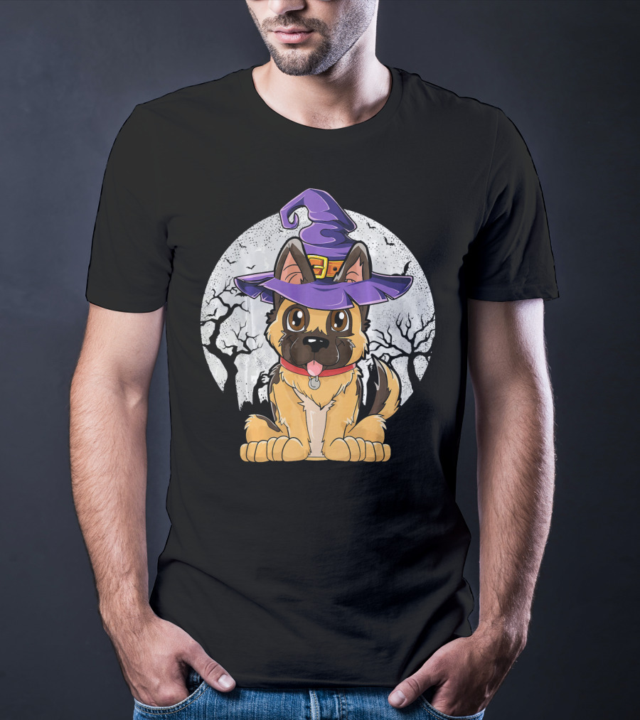 German Shepherd Witch Halloween Moon Background T-Shirt