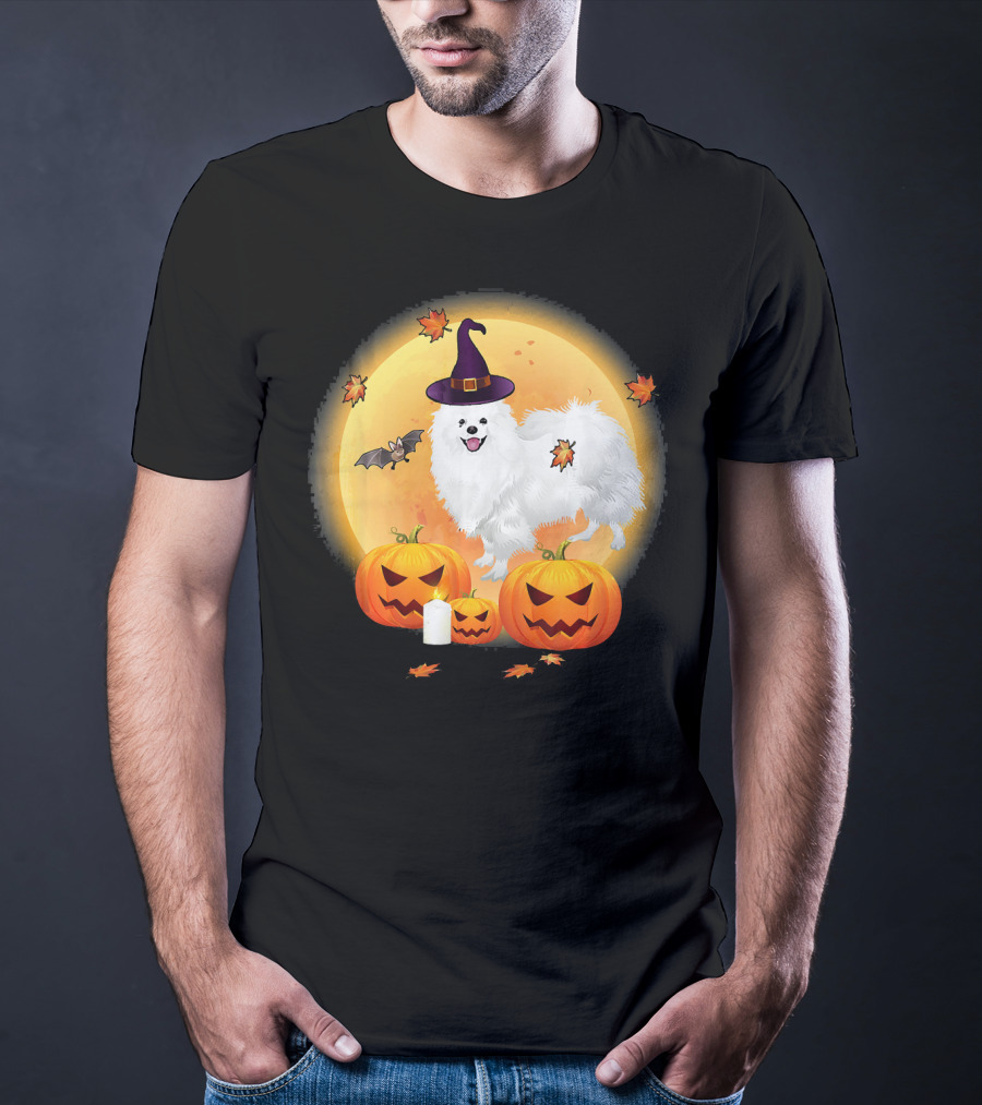 Halloween American Eskimo Dog With Pumpkins And Witch Hat T-Shirt