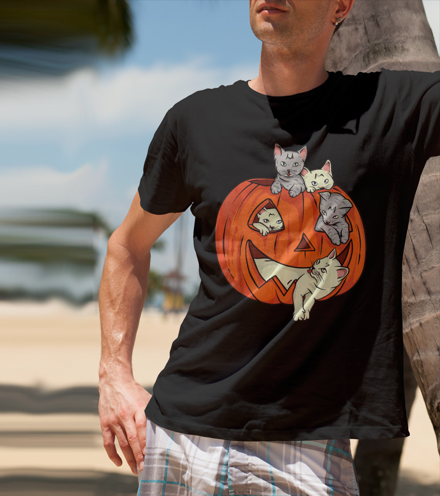 Cats In Jack O Lantern Pumpkin Halloween Scene T-Shirt