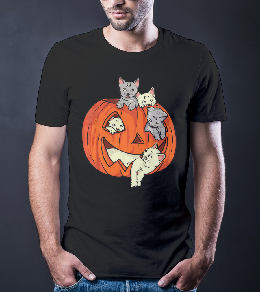 Cats In Jack O Lantern Pumpkin Halloween Scene T-Shirt