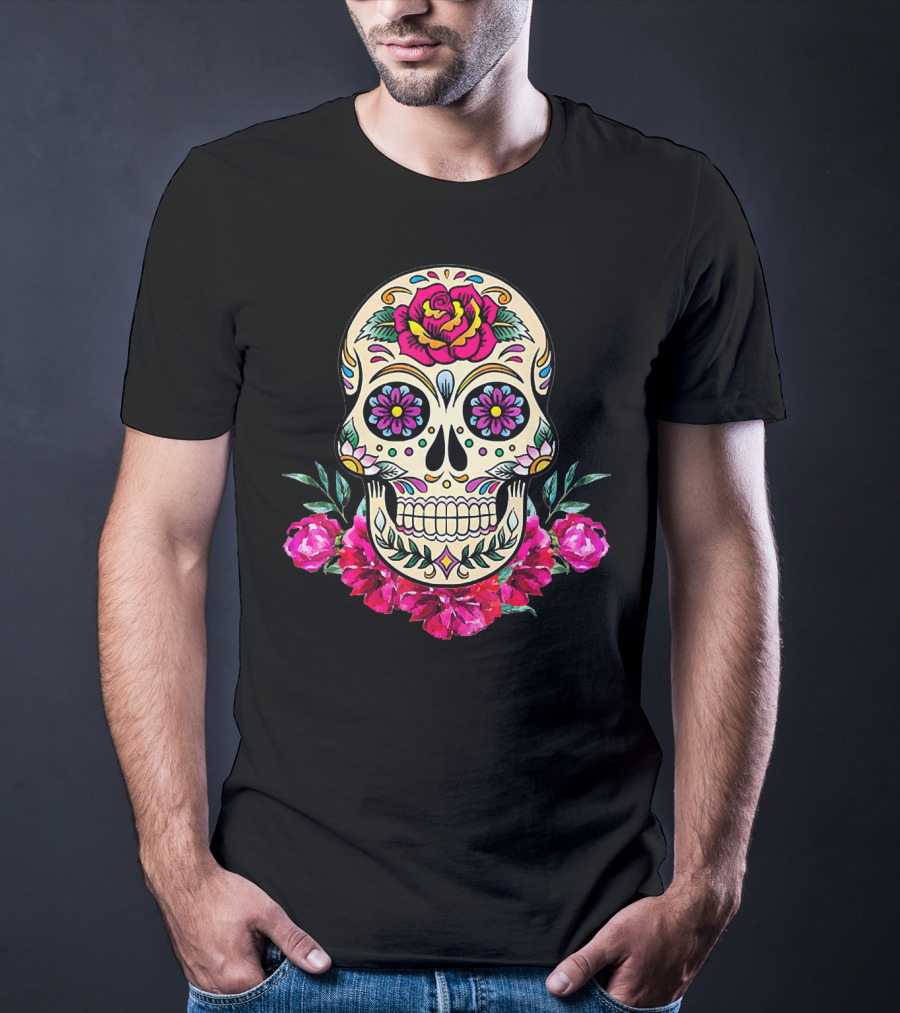 Day Of The Dead Sugar Skull With Vibrant Floral Accents T-Shirt