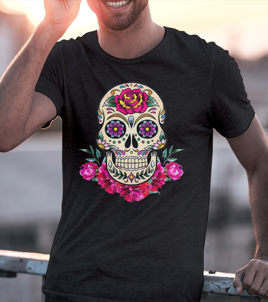 Day Of The Dead Sugar Skull With Vibrant Floral Accents T-Shirt