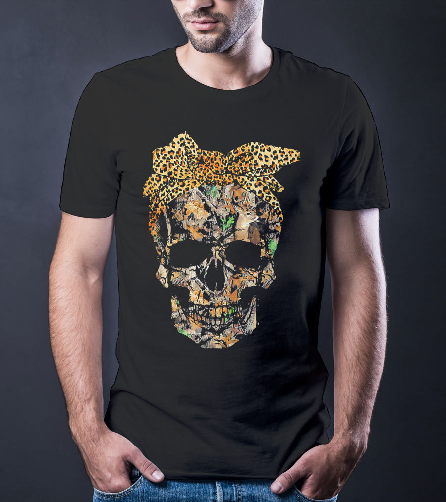 Camouflage Skull With Leopard Print Bow And Hunting Elements T-Shirt