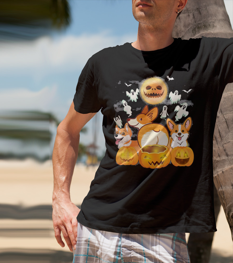 Welsh Corgi Cardigans Pumpkin Ghosts Halloween Team With Spooky Bats T-Shirt