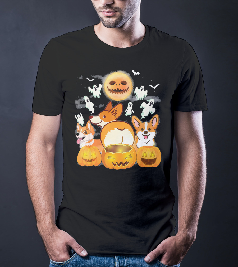 Welsh Corgi Cardigans Pumpkin Ghosts Halloween Team With Spooky Bats T-Shirt