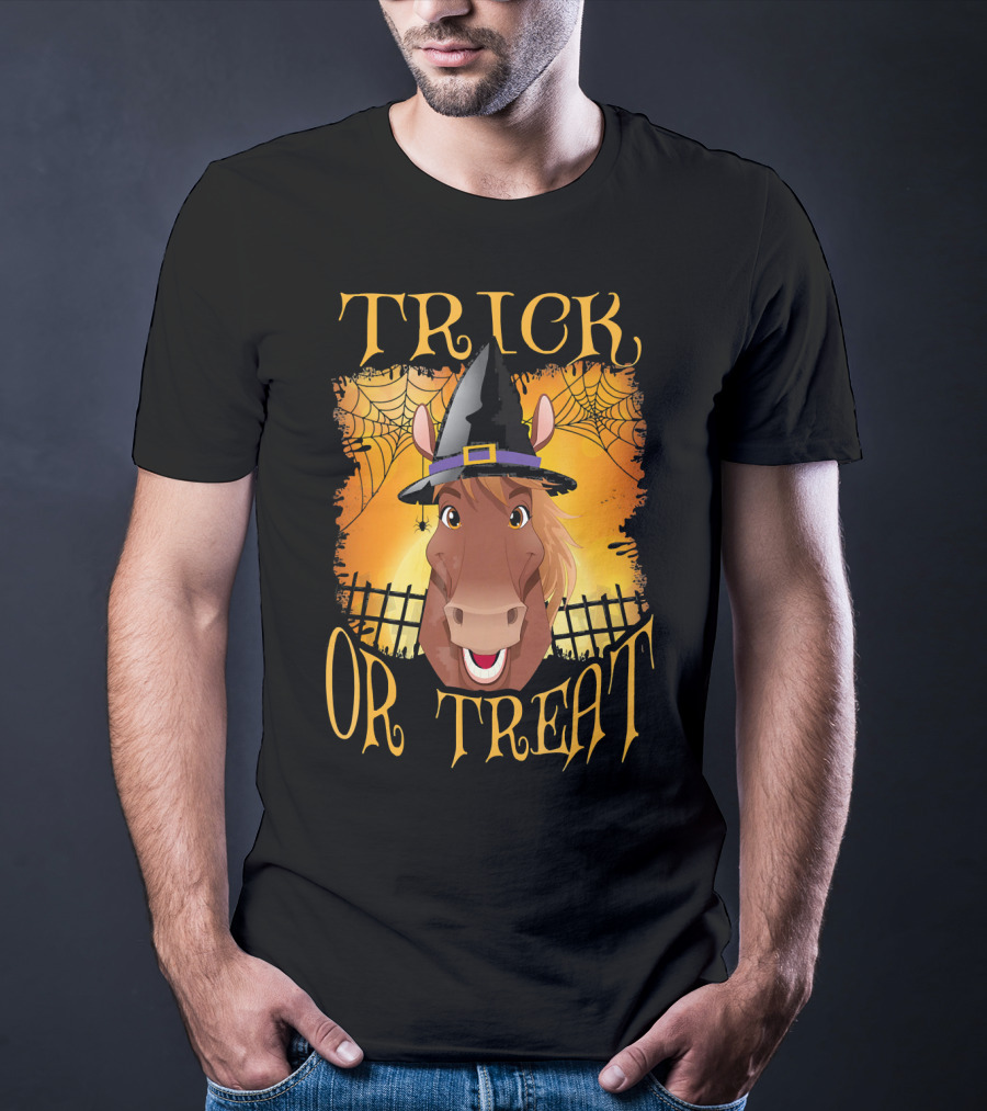 Trick Or Treat Horse With Witch Hat And Spider Web T-Shirt