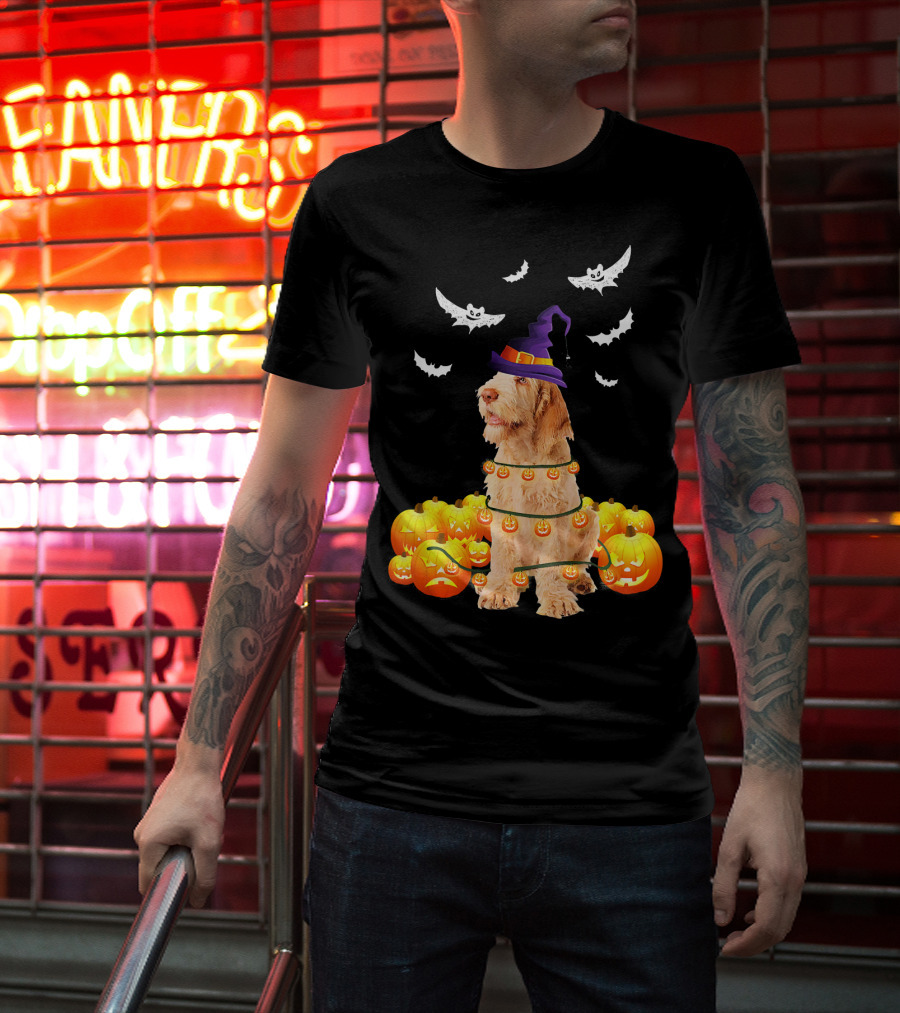Spinone Italiano Dog Halloween Pumpkin Lights And Bats T-Shirt