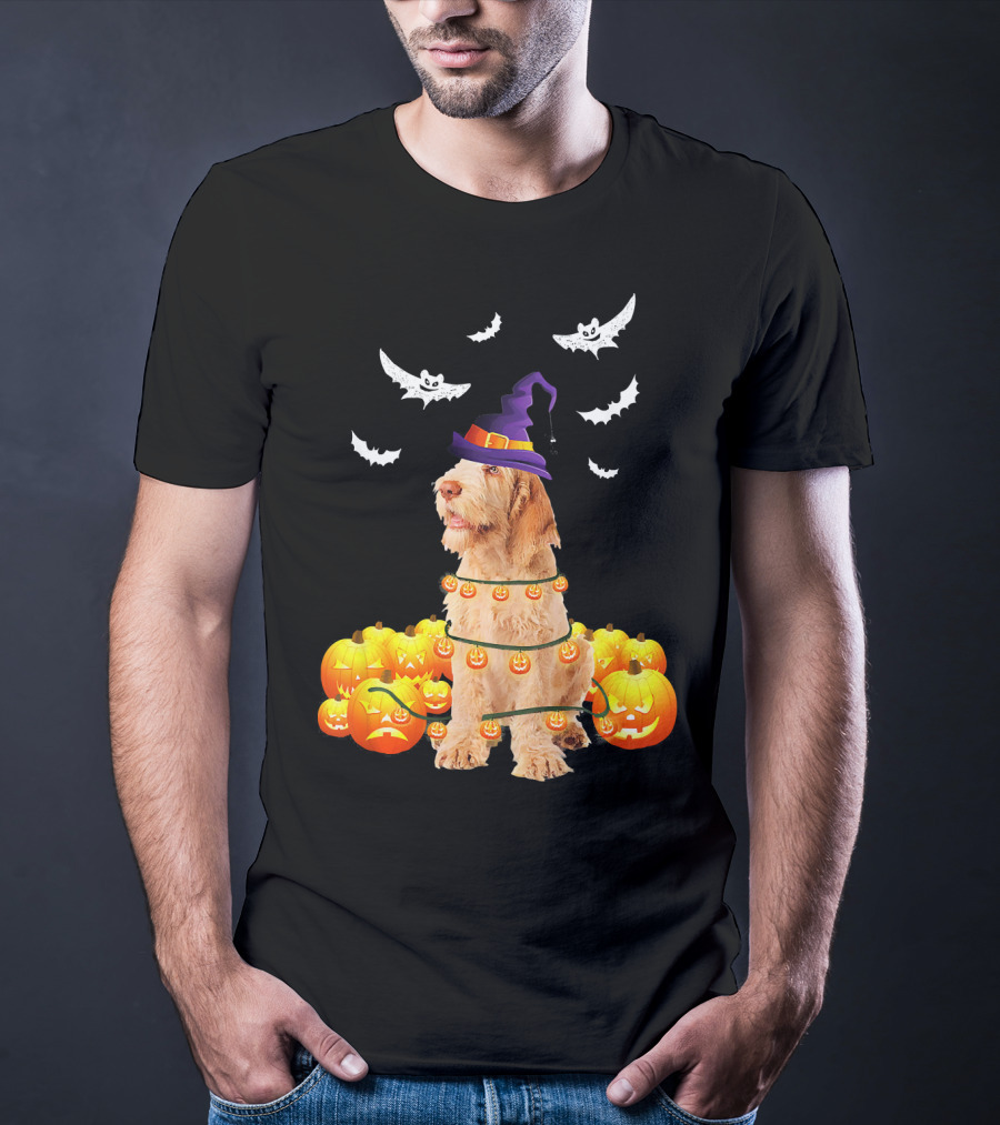 Spinone Italiano Dog Halloween Pumpkin Lights And Bats T-Shirt