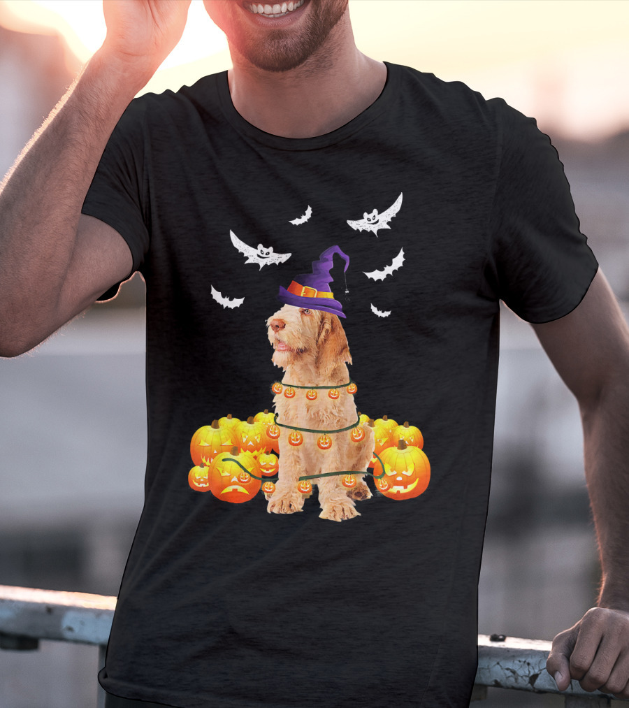 Spinone Italiano Dog Halloween Pumpkin Lights And Bats T-Shirt