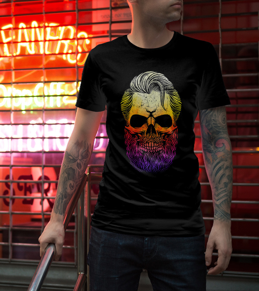 Creepy Bearded Skull With Colorful Gradient For Halloween And Ske T-Shirt