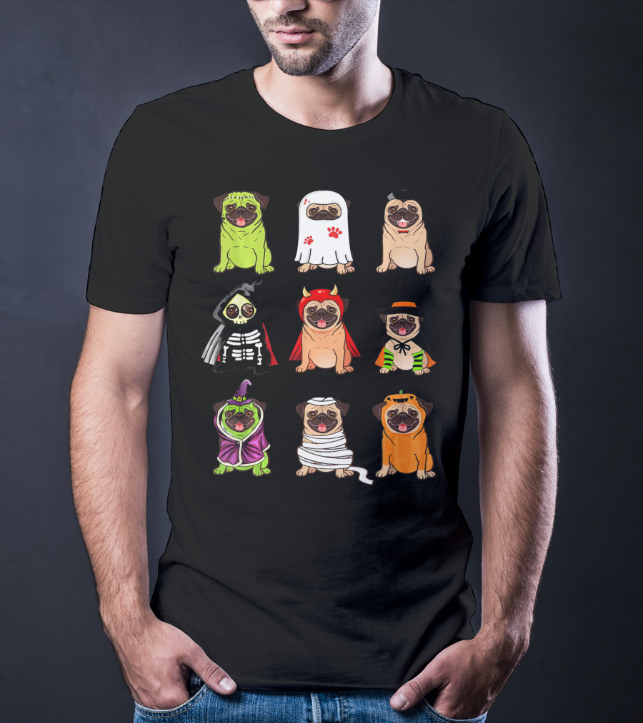 Pug Costume Halloween Funny Pugs Ghosts Skeleton Devil Witch Mummy Pumpkin Dogs T-Shirt