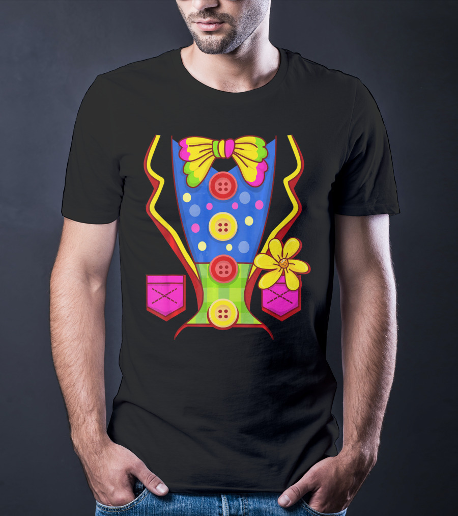 Clown Colorful Bow Tie And Buttons Outfit With Flower Pockets T-Shirt