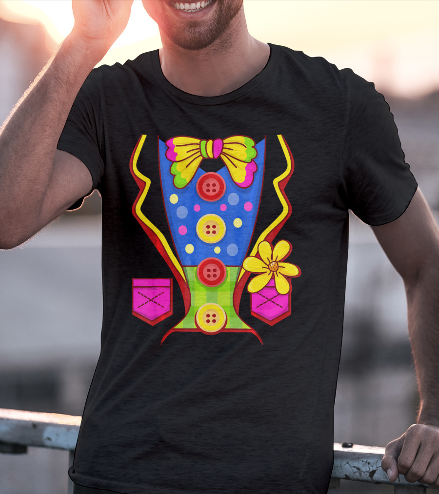 Clown Colorful Bow Tie And Buttons Outfit With Flower Pockets T-Shirt