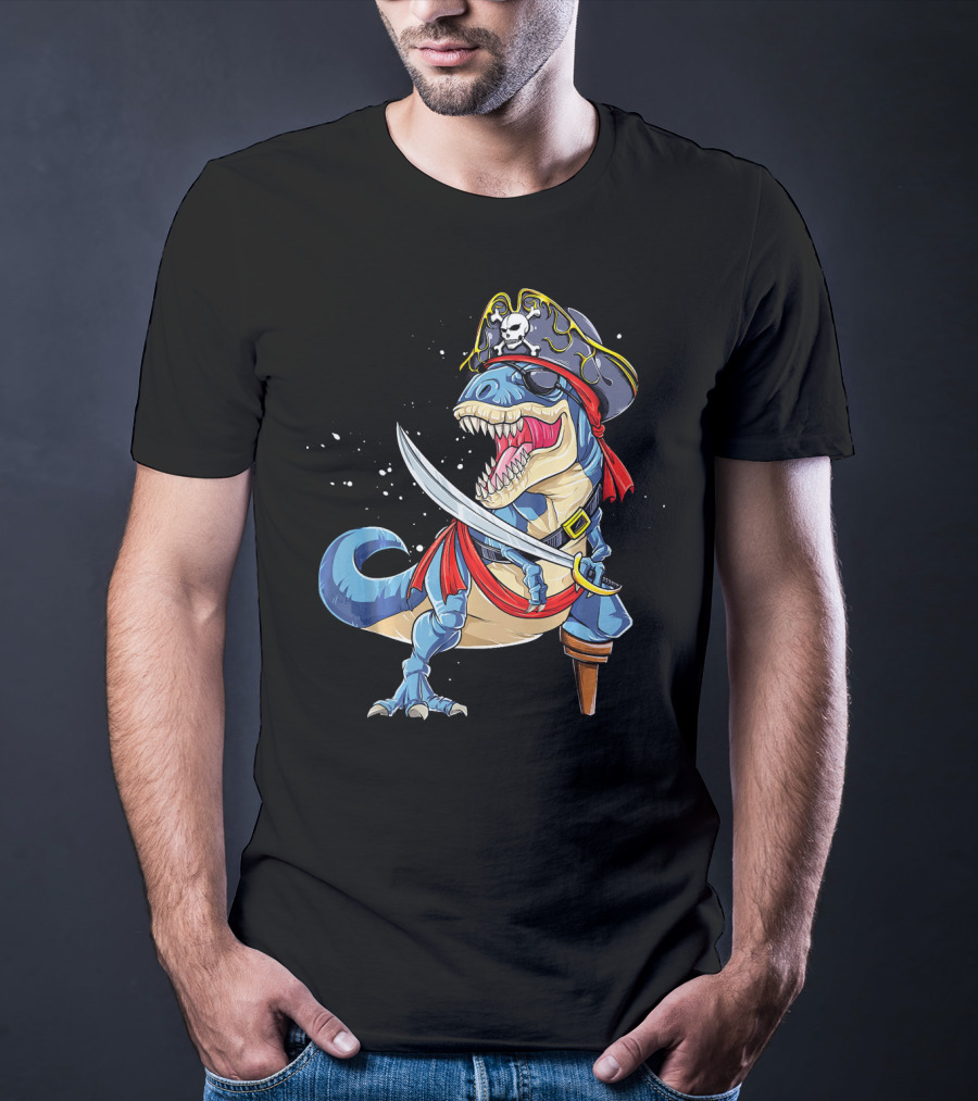 T-Rex Pirate Jolly Roger Dinosaur With Peg Leg And Sword T-Shirt