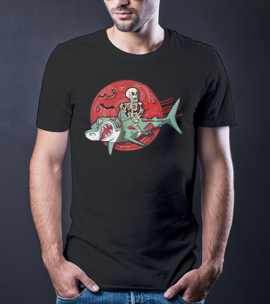 Skeleton Riding Shark Zombie With Red Moon And Bats T-Shirt