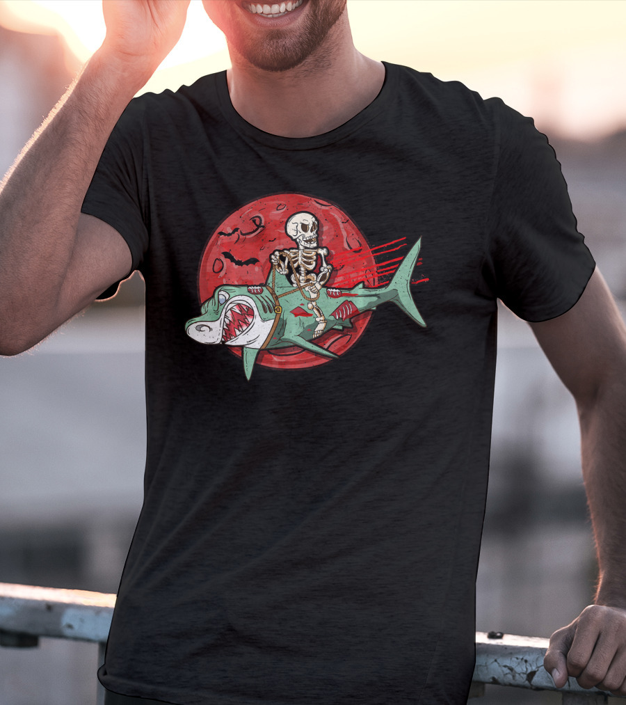 Skeleton Riding Shark Zombie With Red Moon And Bats T-Shirt