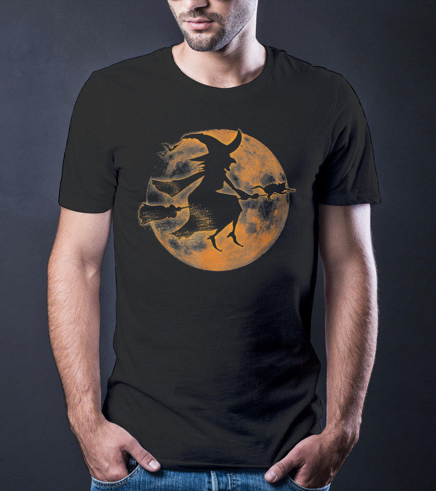 Halloween Spooky Witch And Cat On Broomstick Full Moon Scene T-Shirt