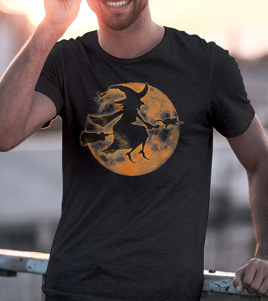 Halloween Spooky Witch And Cat On Broomstick Full Moon Scene T-Shirt