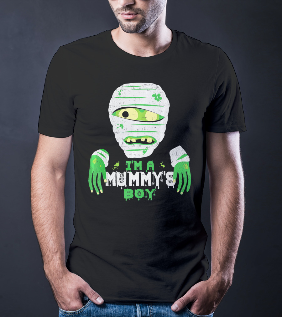 Creepy I'm A Mummy's Boy Green Cartoon Mummy Face And Hands T-Shirt