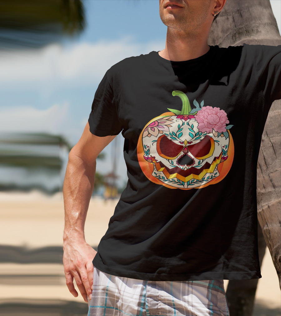 Day Of The Dead Pumpkin Sugar Skull With Floral T-Shirt