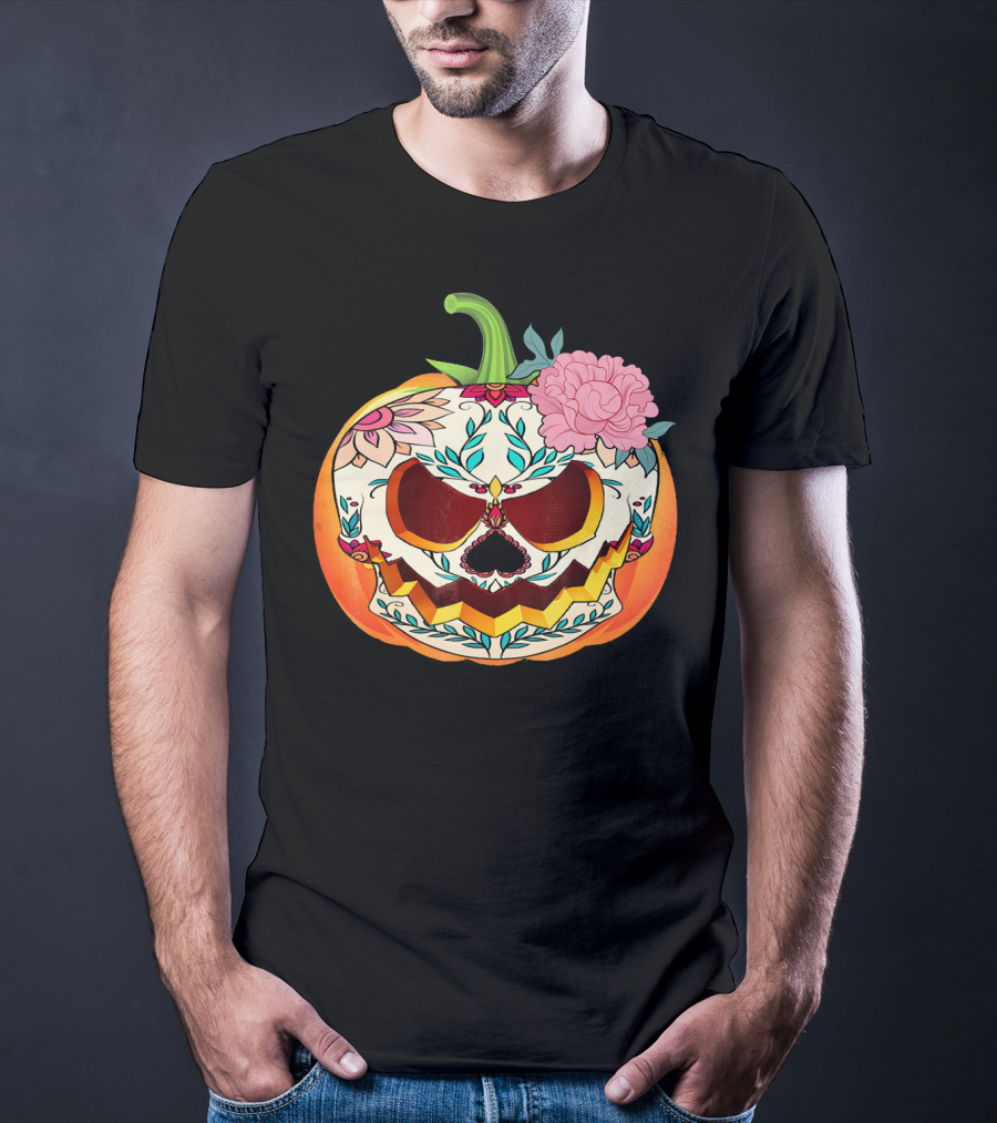 Day Of The Dead Pumpkin Sugar Skull With Floral T-Shirt