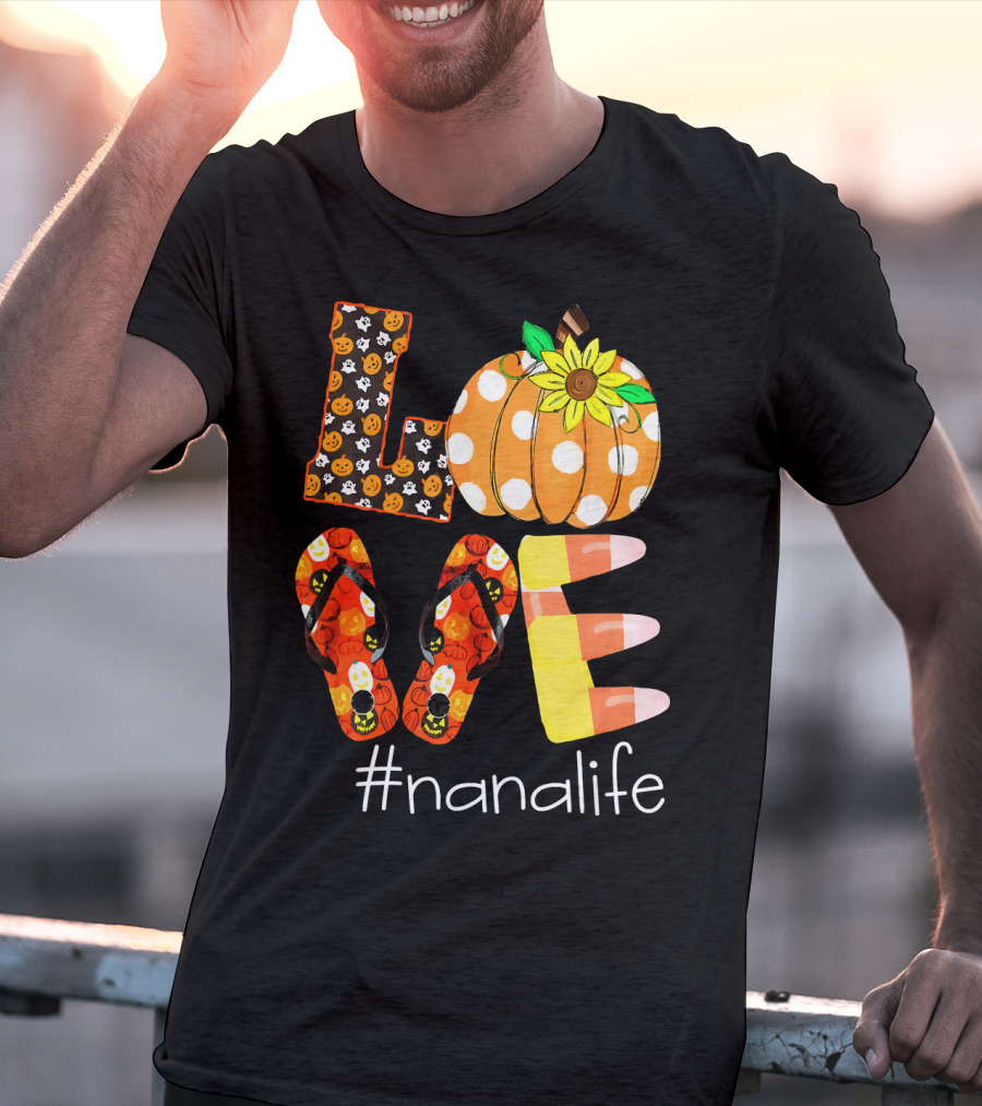 Nanalife Funny Love Pumpkin Flip Flops Halloween Candy Corn And Sunflower T-Shirt