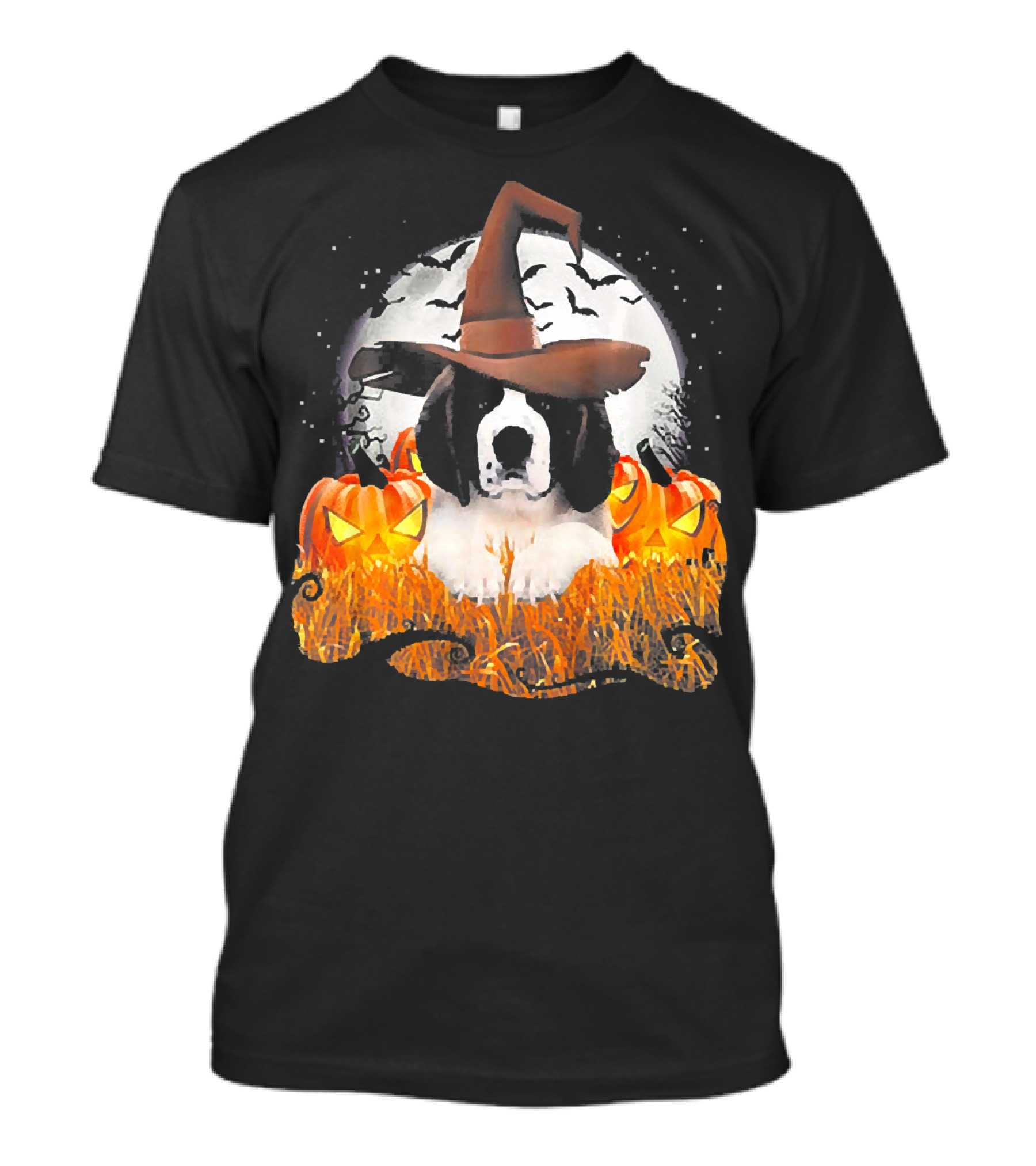 Cute Saint Bernard Dog Witch With Pumpkins And Full Moon T-Shirt