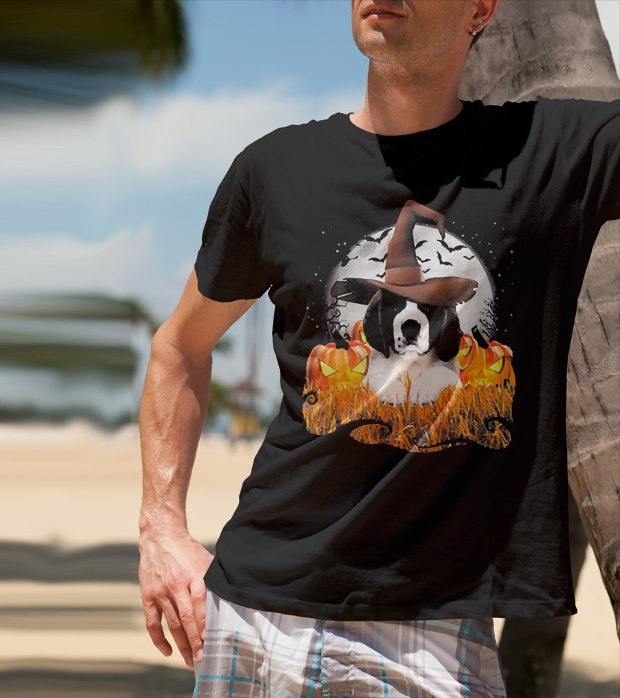Cute Saint Bernard Dog Witch With Pumpkins And Full Moon T-Shirt
