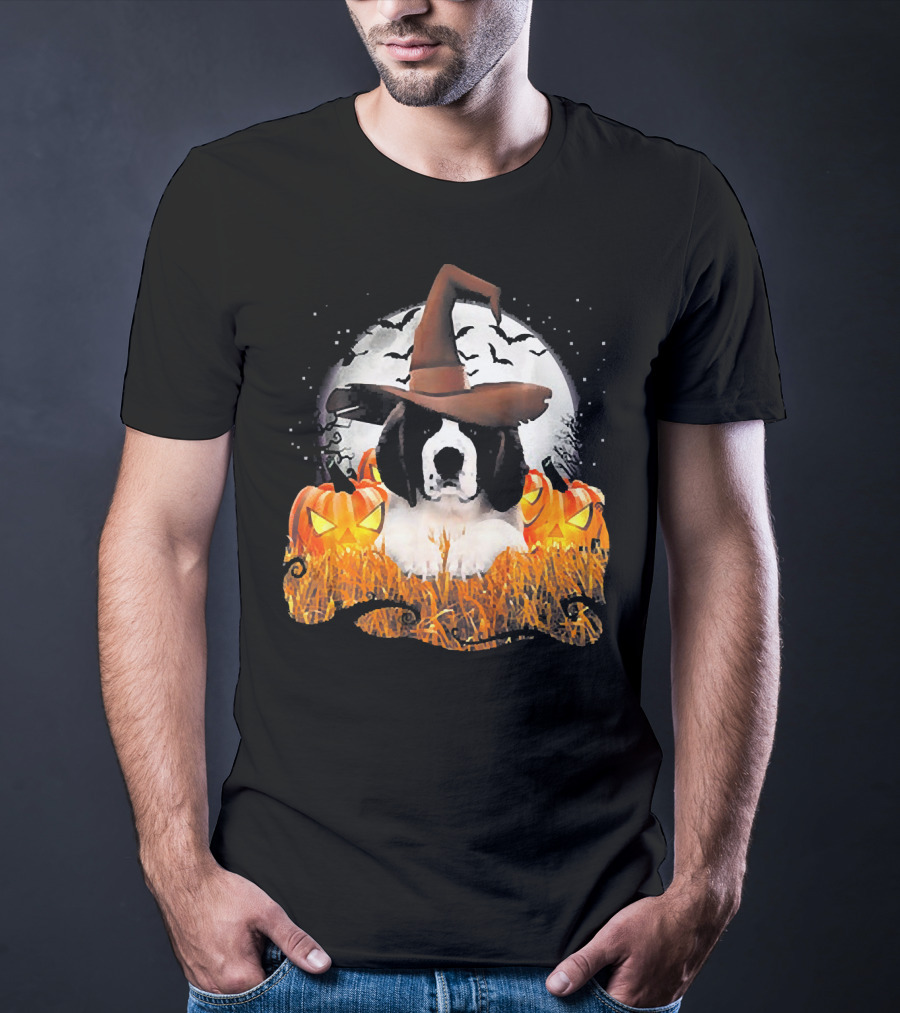 Cute Saint Bernard Dog Witch With Pumpkins And Full Moon T-Shirt