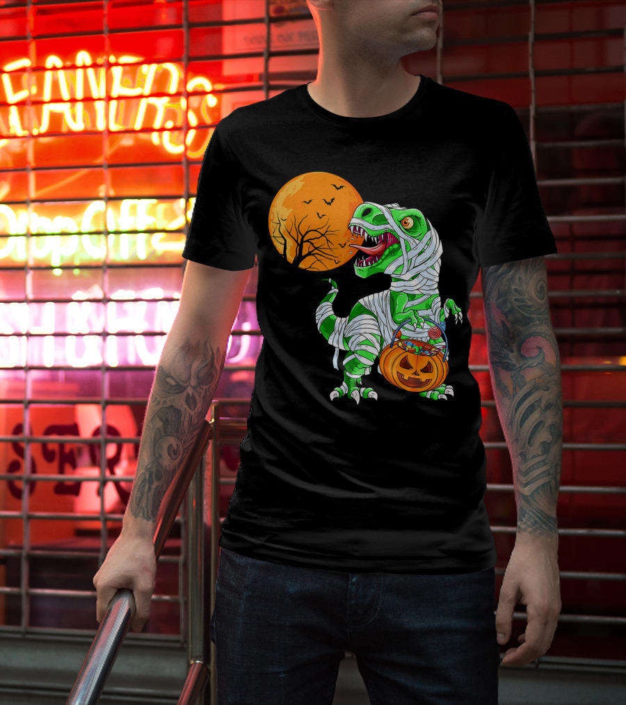 Halloween Mummy T Rex With Pumpkin Candy Under Full Moon T-Shirt