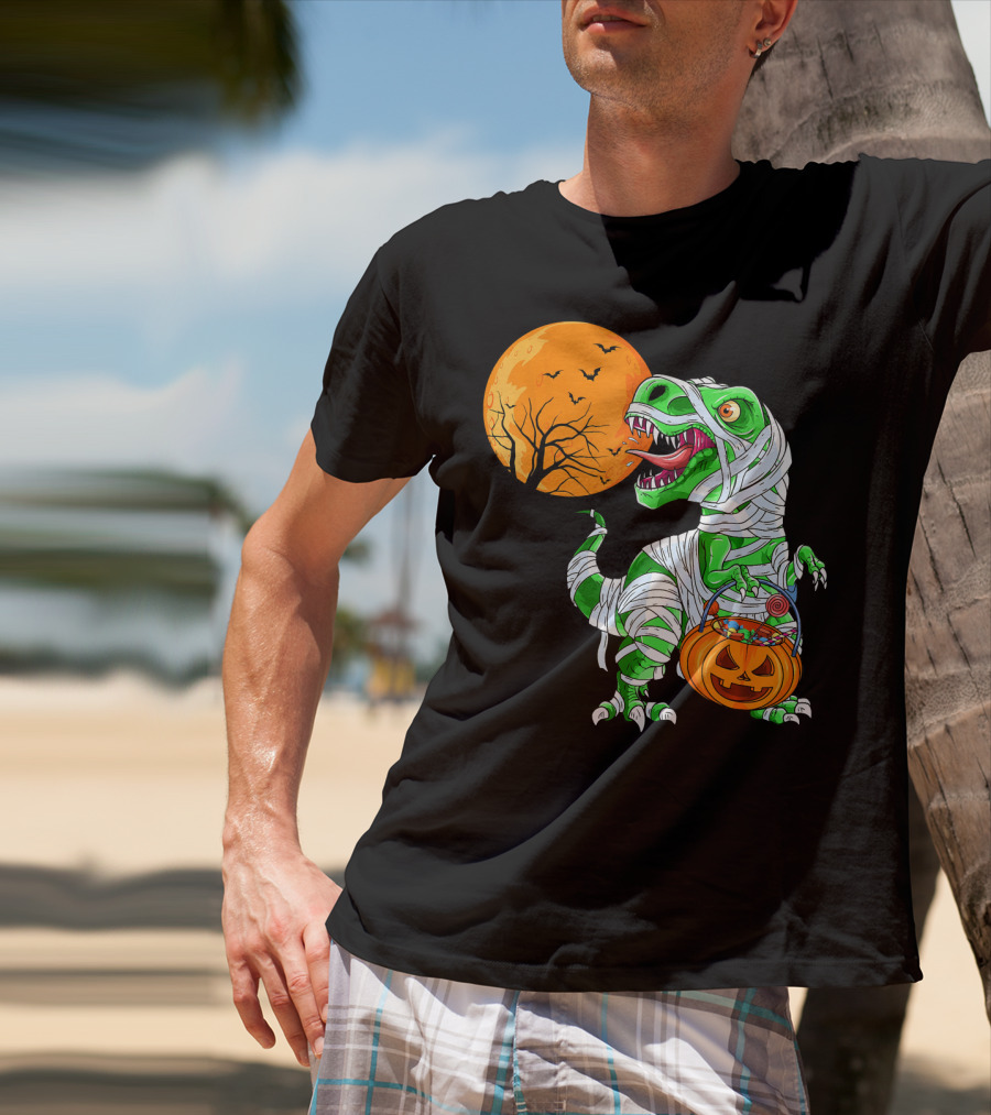 Halloween Mummy T Rex With Pumpkin Candy Under Full Moon T-Shirt