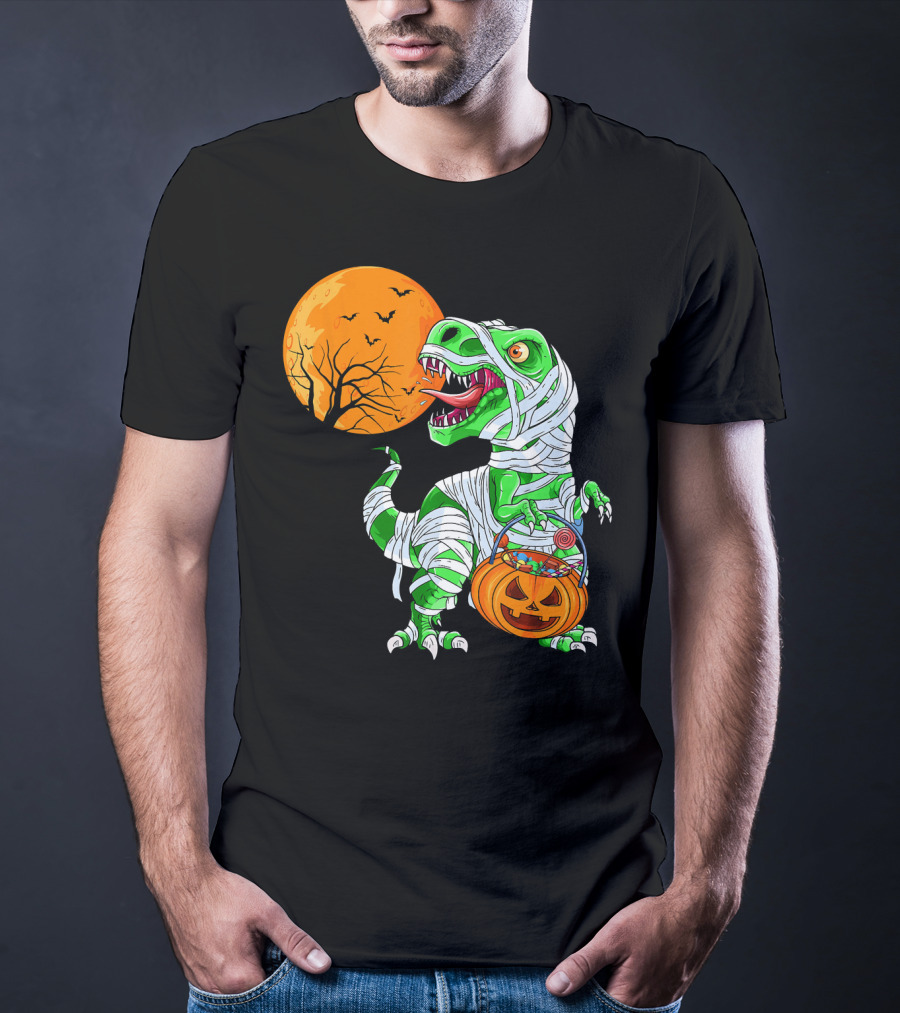 Halloween Mummy T Rex With Pumpkin Candy Under Full Moon T-Shirt