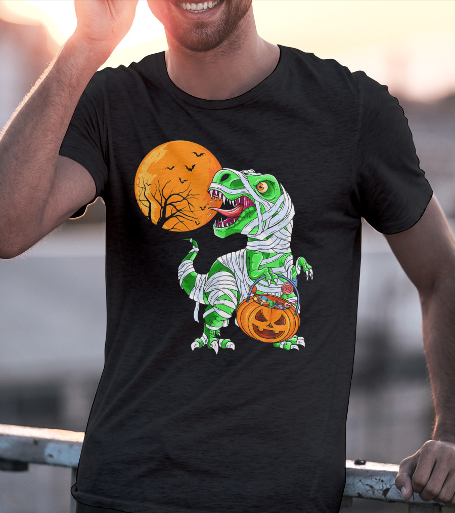 Halloween Mummy T Rex With Pumpkin Candy Under Full Moon T-Shirt
