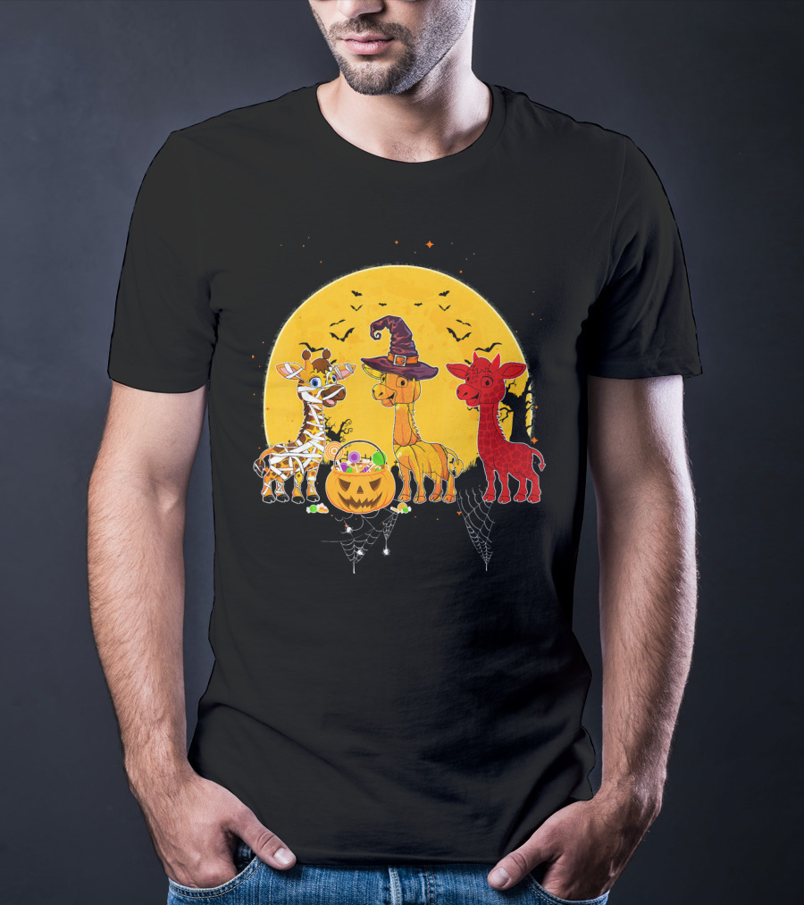 Three Giraffes Halloween Moon Mummy Witch Devil T-Shirt