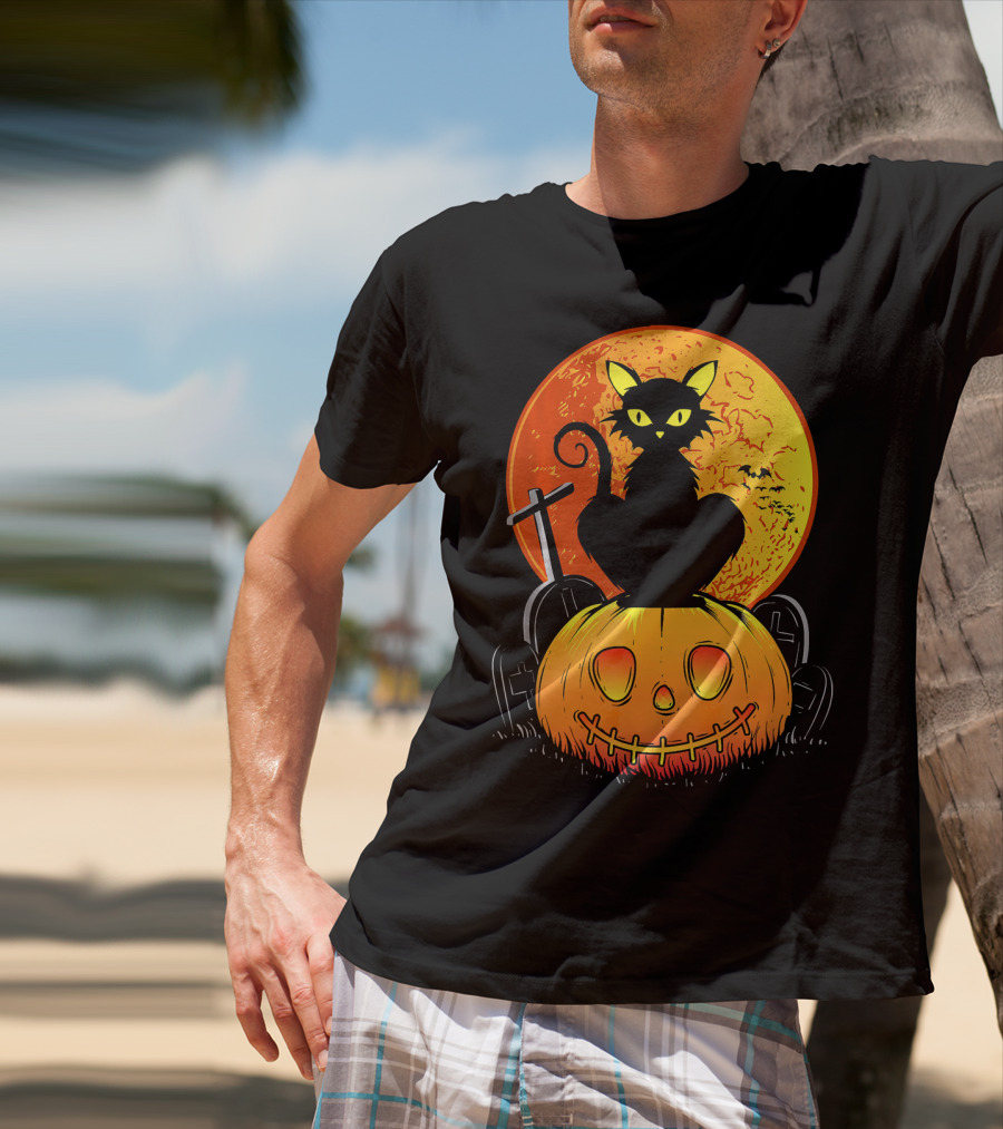 Halloween Black Cat On Pumpkin With Full Moon And Graveyard T-Shirt