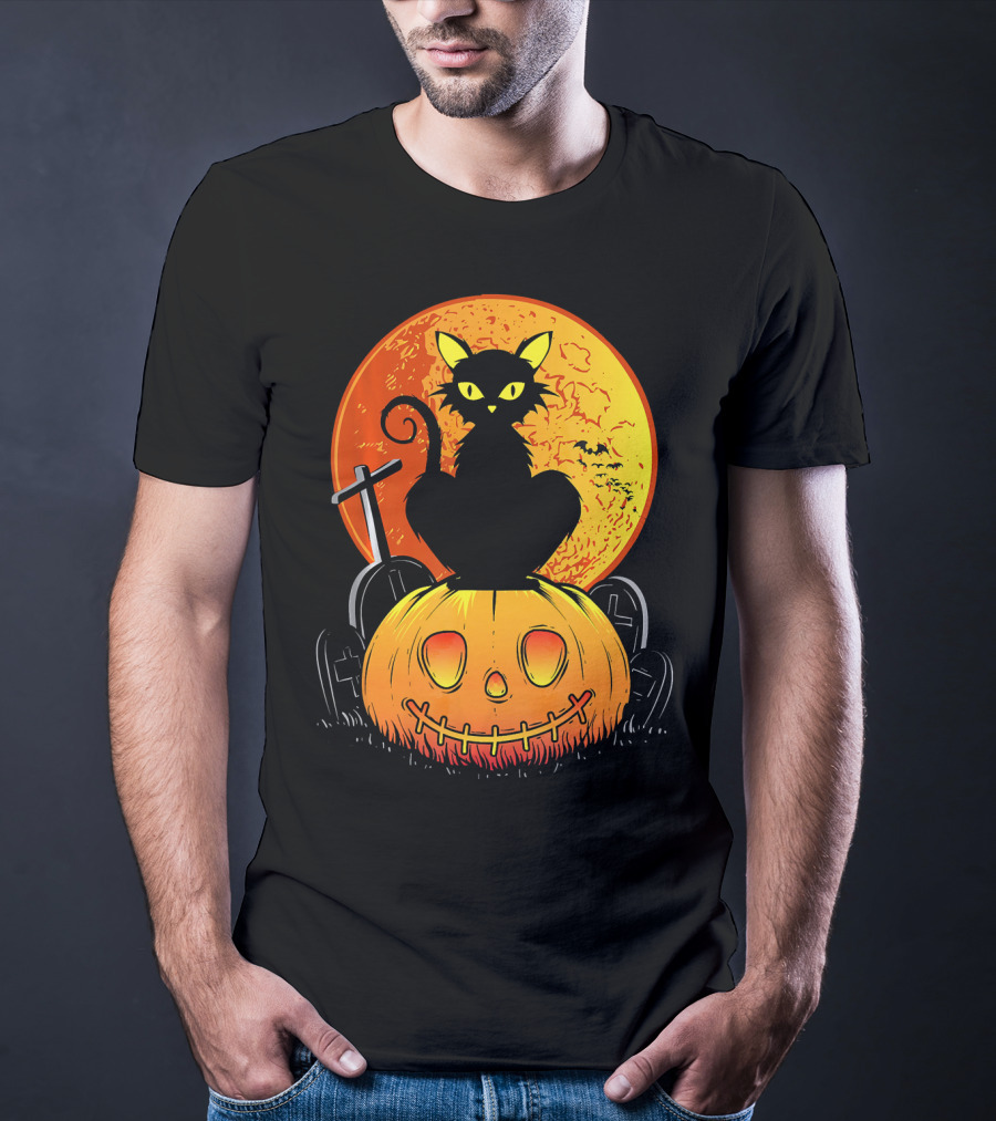 Halloween Black Cat On Pumpkin With Full Moon And Graveyard T-Shirt