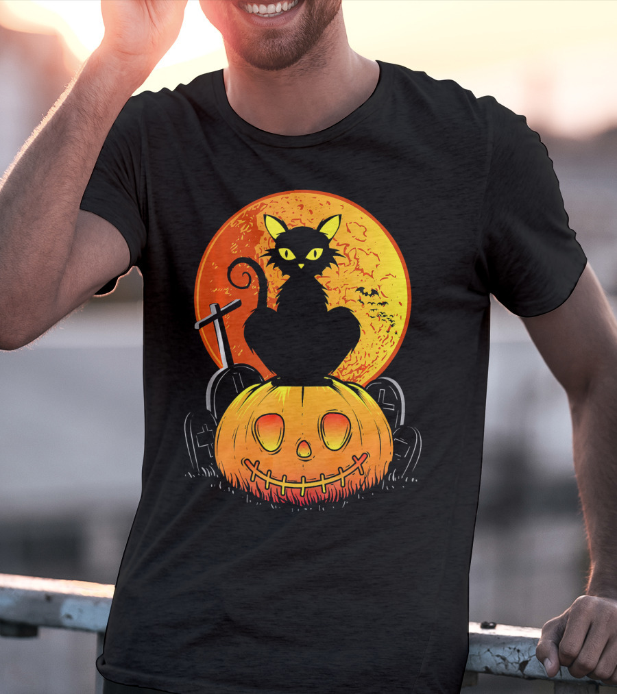 Halloween Black Cat On Pumpkin With Full Moon And Graveyard T-Shirt