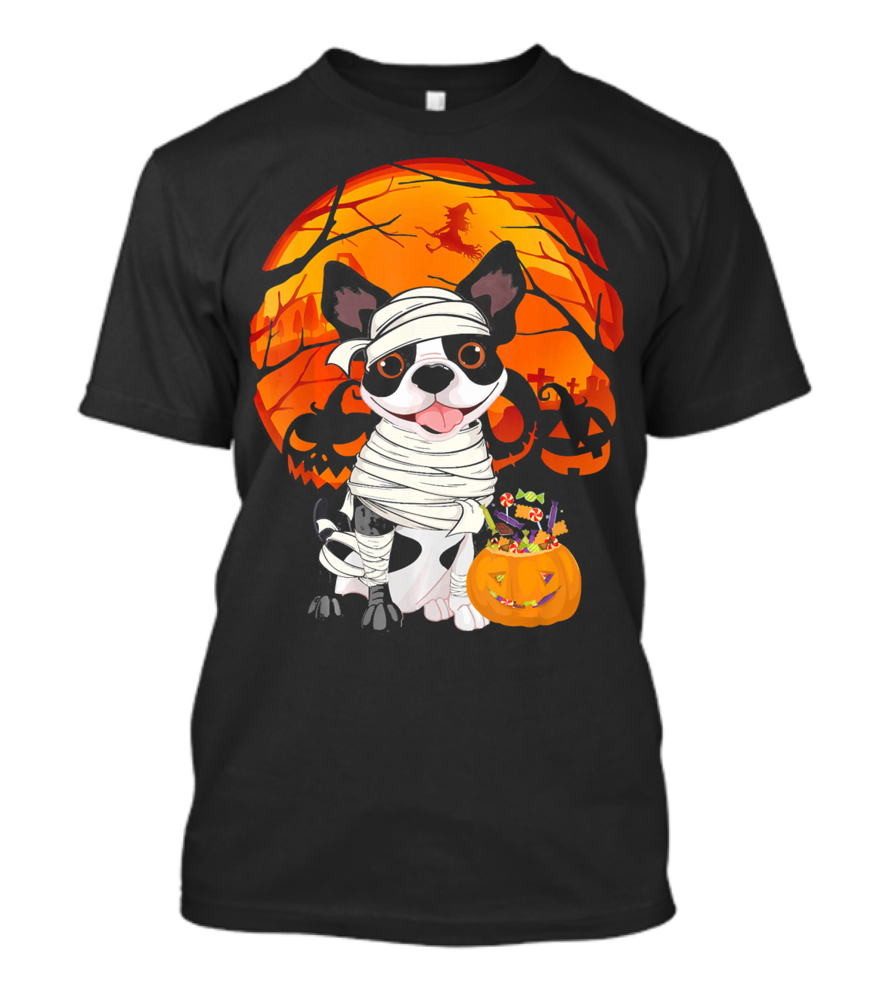 Halloween Kids Boston Terrier Mummy With Pumpkin And Witch T-Shirt