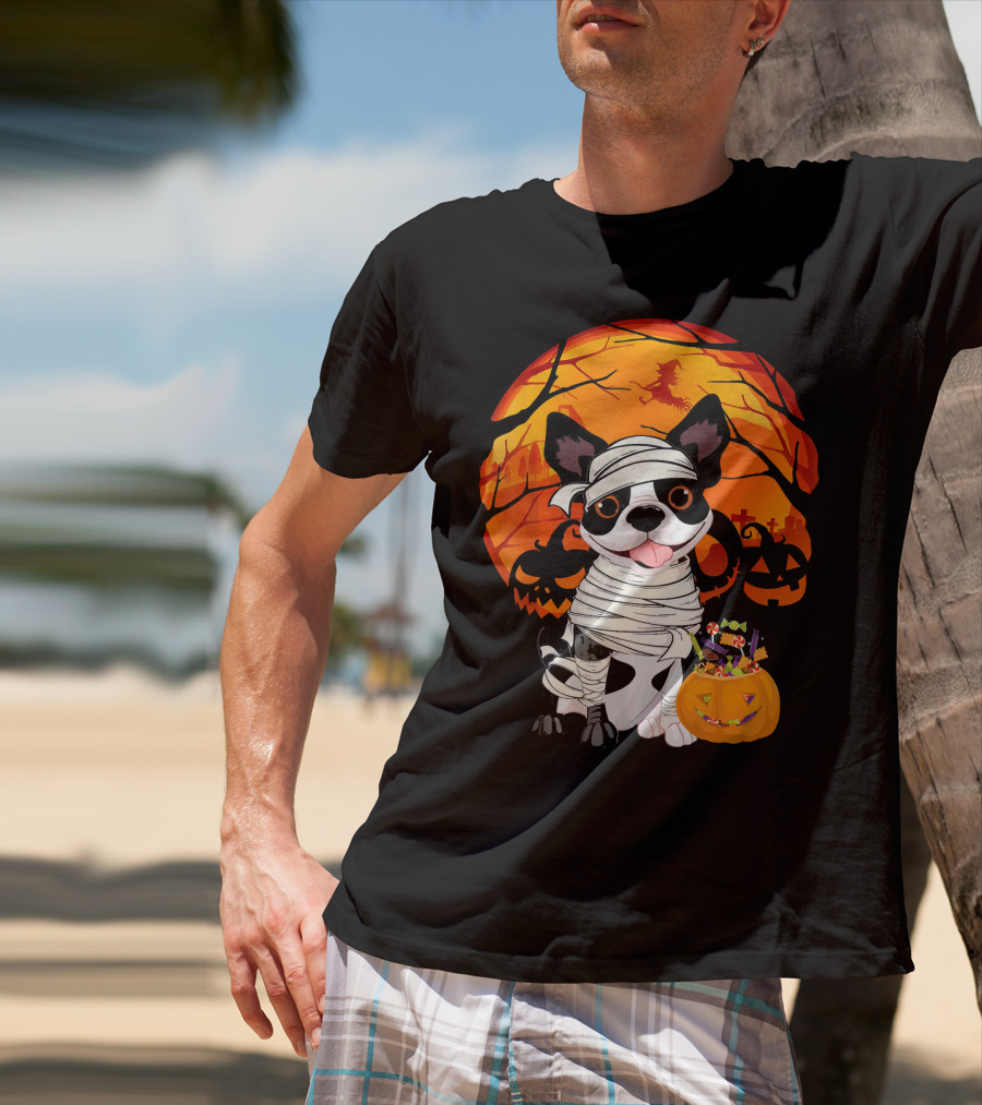 Halloween Kids Boston Terrier Mummy With Pumpkin And Witch T-Shirt