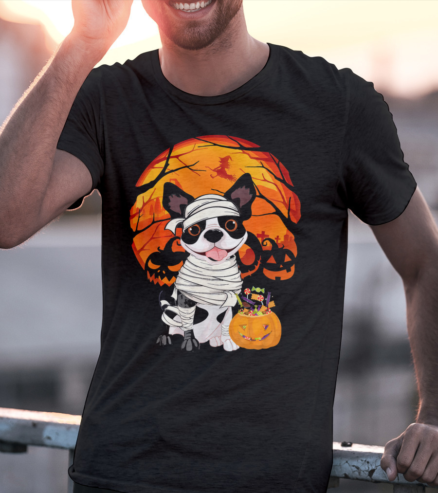 Halloween Kids Boston Terrier Mummy With Pumpkin And Witch T-Shirt