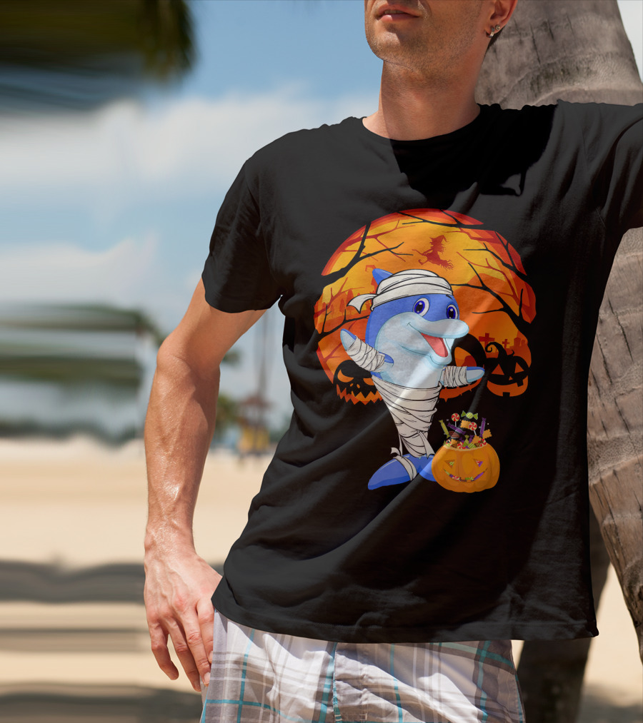 Halloween Dolphin Mummy With Candy Pumpkin And Witch Full Moon T-Shirt